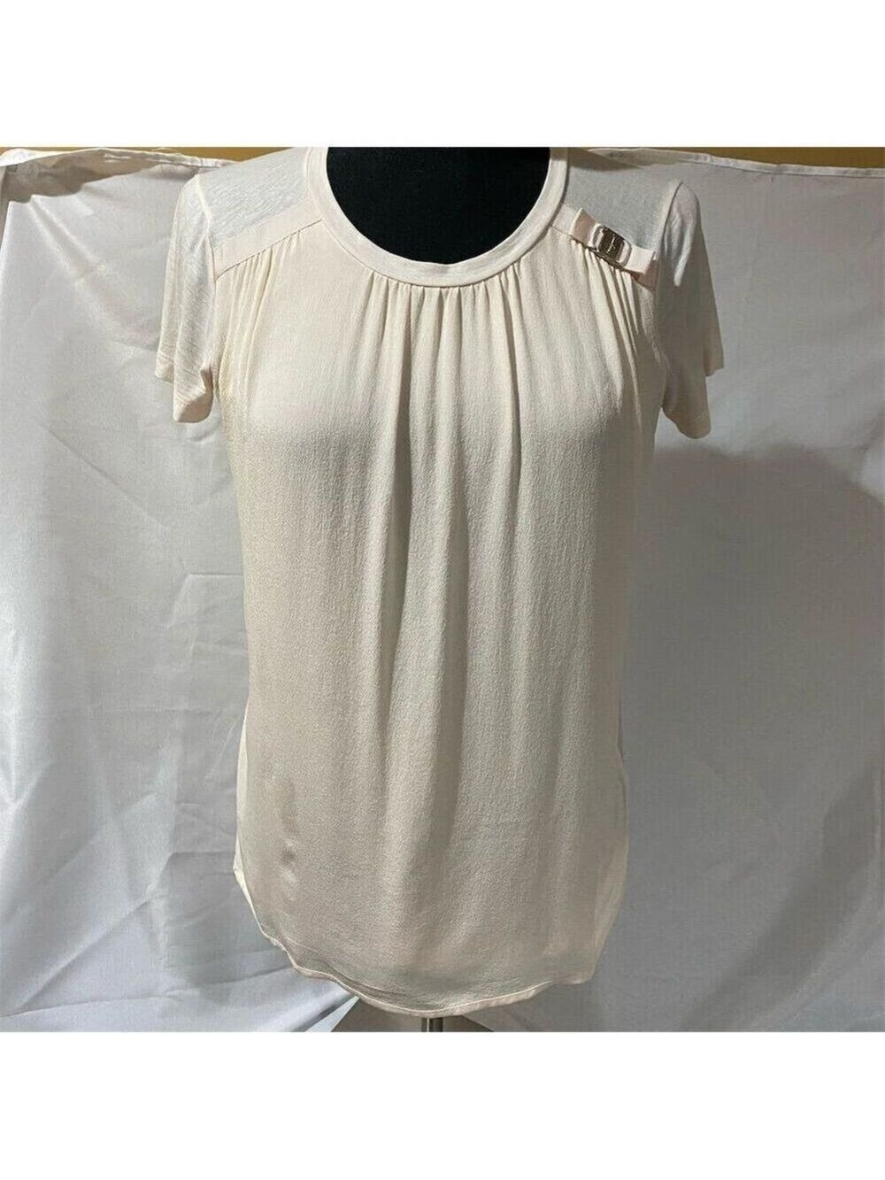Salvatore Ferragamo Women's XS Ivory Short Sleeve Blouse Pleated Neckline